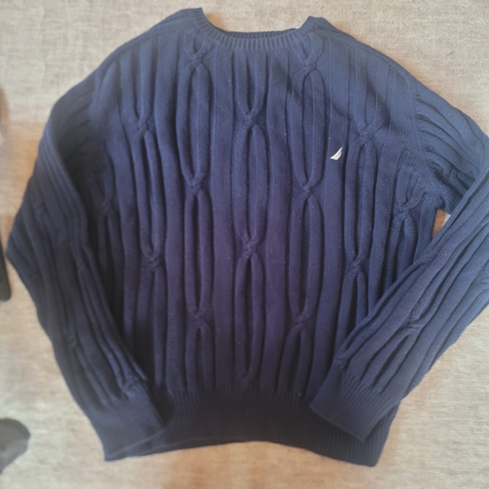 Nautica Men's Navy Blue Cable Knit Sweater Size Large Preppy Classic